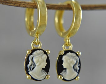 925 gold-plated silver - hoop earrings - 14k gold-plated - Lady Cameo - Black - Vintage Style - hanging earrings - wedding - gift for her