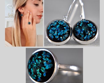 Gift Set with Real Flowers - 925 sterling silver -  earrings and ring - black - blue