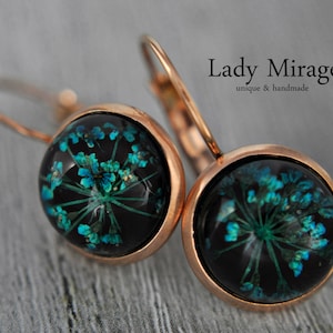 Rose Gold Earrings with Real Flowers - Black