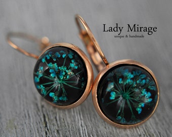 Rose Gold Earrings with Real Flowers - Black