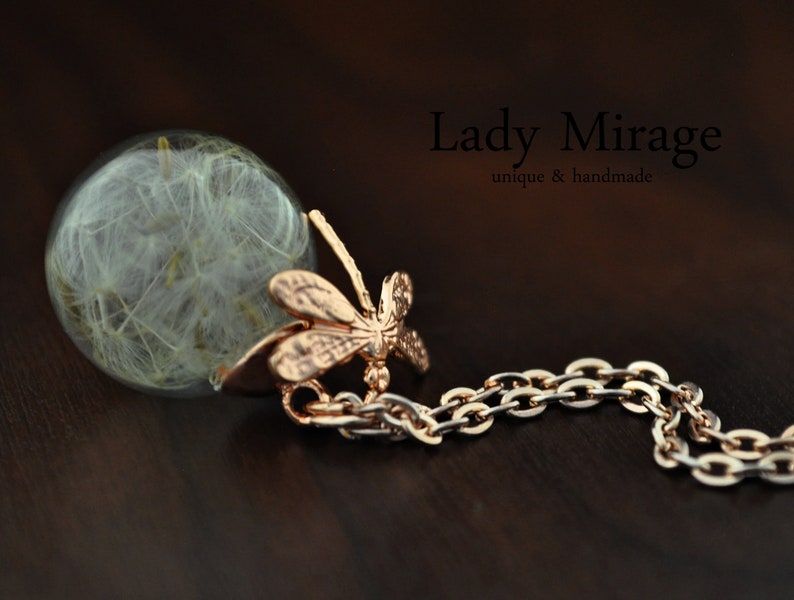 Dragonfly Real Dandelion Necklace Rose Gold imagen 2