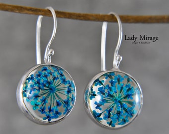 Real flowers earrings 925 sterling silver - earrings with real blue flowers - handmade earrings - spring - summer - gift for her