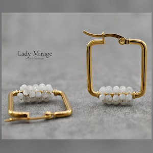 Square Gold Stainless Steel Hoop Earrings with Real Moonstones – Hypoallergenic & Lightweight, Perfect Gift for Christmas, June Birthstone