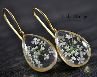 Real Flower Earrings - Gold Plated - White