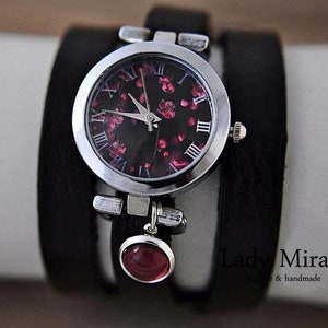 BESTSELLER Watch with Cherry Blossoms, Amethyst and Leather Wrap Bracelet - Mothers day