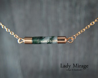 Precious Stone Necklace with Moss Agate - Rose Gold
