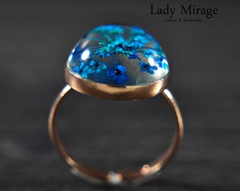 925 Sterling Silver - Rose Gold Ring with Real Blue Flowers