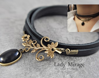 Leder Choker  - Frühlingstraum - Jewelry - Geschenk für Sie - Achat - Schwarz - Edelstein - Handmade - gift for her