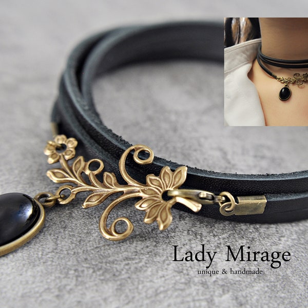 h  Leather Choker - Spring Dream - Jewelry - Gift for Her - Agate - Black - Gemstone - Handmade