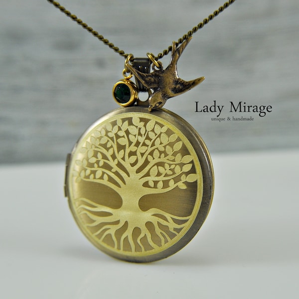 Tree of Life - Locket Necklace - with Swallow and Rhinestone - Photo Locket - Brass - Photo Pendant - Great Gift