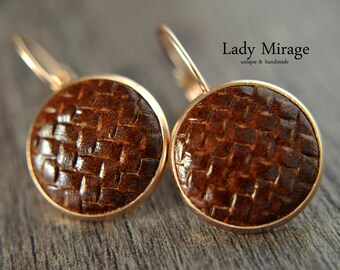 Leather Earrings -Rose Gold- Brown
