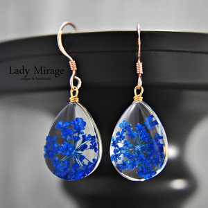 Real Blue Flower Earrings made of 925 Sterling Silver - Rose Gold Plated - dangle drop earrings