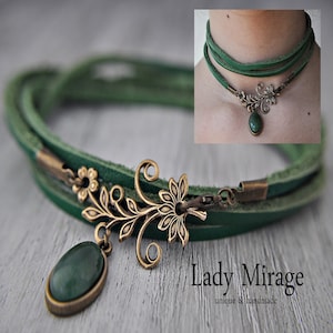 Green Choker Necklace with Jade and Bronze Ornament, Leather, Boho Jewelry, Gift for Her, Personalized, Birthday Gift, Christmas