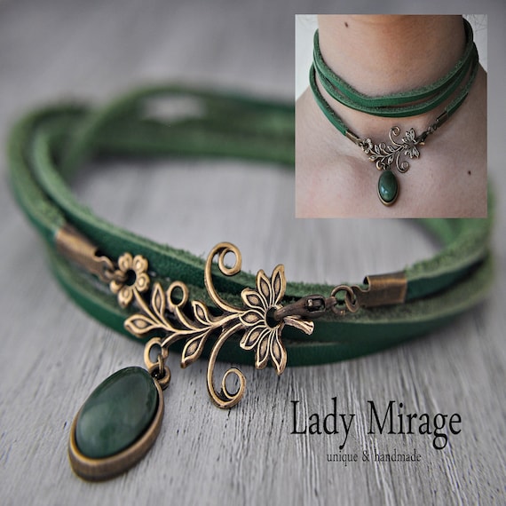 Choker Kette Grün aus Leder mit Jade und Bronze Ornament, Boho Schmuck, Geschenk für Sie, Personalisiert, Geburtstagsgeschenk, Weihnachten