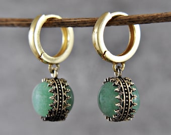 Aventurine - Hoop earrings - 925 silver - 14 k gold plated - gemstone - natural stone - crown - vintage - hanging earrings - gift for her