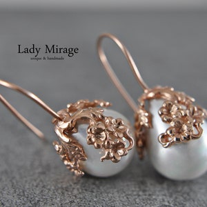 Forget-Me-Not - Hanging Pearl Earrings in Rose Gold - 925 Silver Rose Gold Plated - Shell Pearl - Handmade Jewelry - Gifts