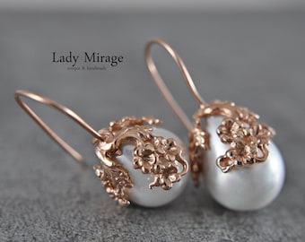 Forget me not flower - Pearl earrings hanging rose gold - 925 silver rose gold plated - shell pearl - floral - romantic jewelry - handmade