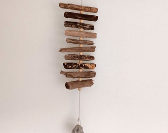 Driftwood necklace / wind chime / garland made of driftwood, shells, hole stones and cotton cord.