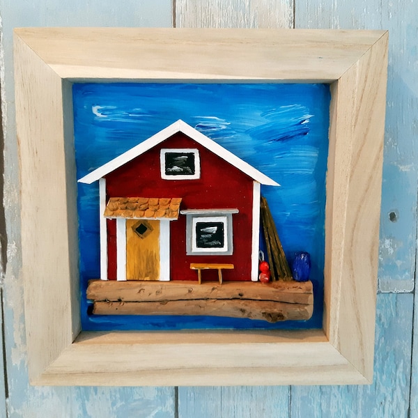 3D-Bild / Objektbild aus Treibholz , Holz,  Holzrahmen mit Acrylfarbe, Deko