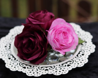 Roses from doublet crepe paper in metal bowl