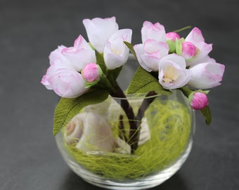 Handmade apple blossom branch made of crepe paper in a glass vase / durable spring flower