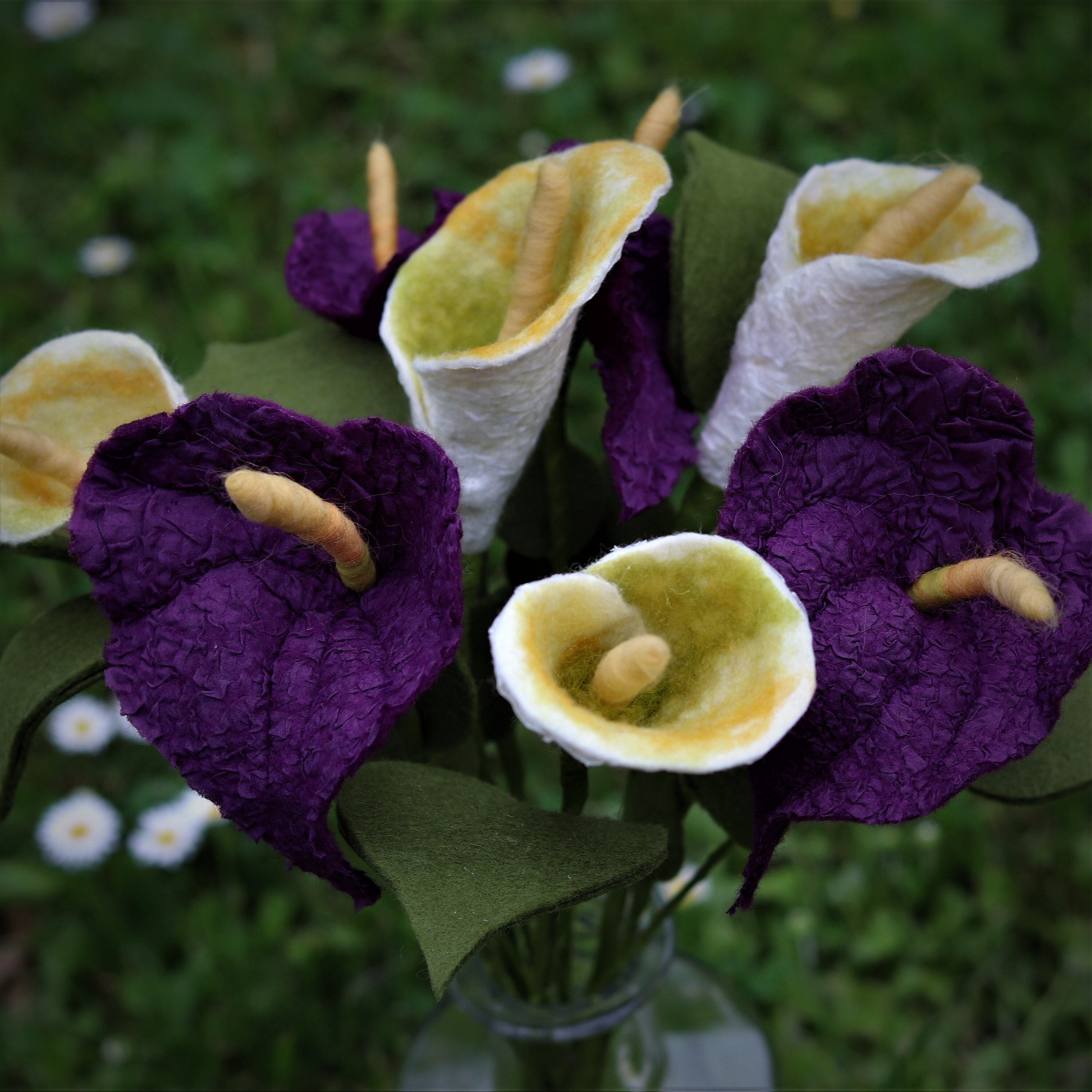Hand-felted calla and anthuriums/flamingo flowers