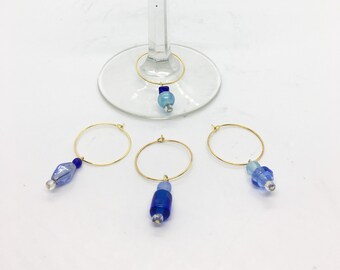 Set of 4 Gold Wine Charms Made with Shades of Blue Glass Beads