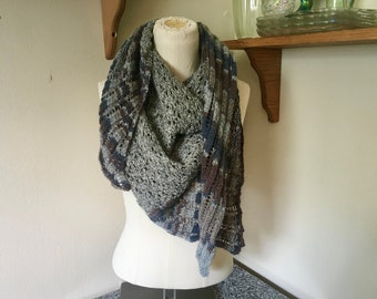 Gray, Blue, and Brown Hand Knit Shawl / Wrap / Scarf