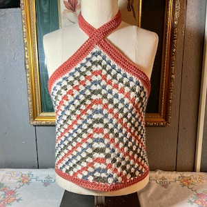 1970s Crochet Granny Stitch Halter Top Hippie Boho Festival Wear