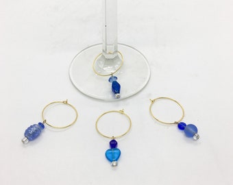 Set of 4 Gold Wine Charms Made with Shades of Blue Glass Beads