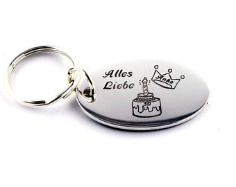 Oval key ring made of silver-plated metal, personally engraved with your name, text and motif, approx. 55 x 35 mm