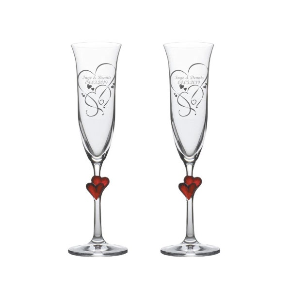 2 engraved crystal champagne glasses with intertwined hearts in the style of engagement, wedding, silver wedding, gold wedding, Valentine's Day