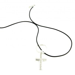 Cross pendant silver plated with rubber band and key ring 45 x 25 mm personal engraving e.g. for baptism, communion, confirmation