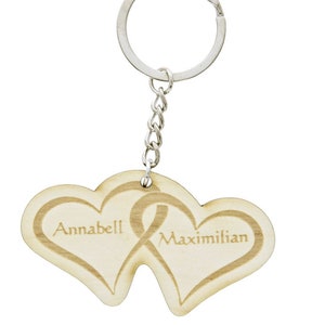 Partner Schlüsselanhänger ewige Liebe mit Gravur Namen im Herz Geschenk für Paare, Frauen, Männer aus Holz in Geschenkbox