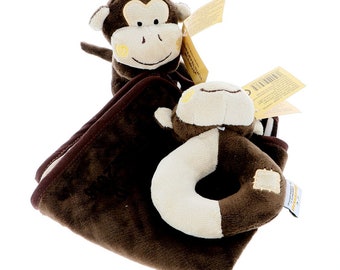 Set of Personalized Snuggle Cloth, Cuddle Cloth Monkey Baldi With Name and Birthday plus Baby Rattle