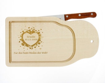 Breakfast board, snack board with knife 28 x 15 cm, personally engraved with your desired motif and text
