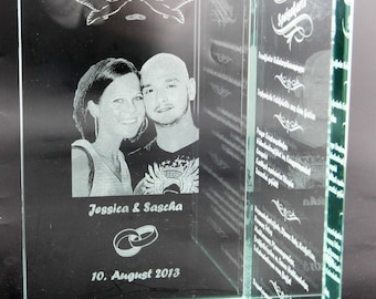 Unique; Not just for weddings - your menu or menu engraved in glass, including layout, photo and text engraving