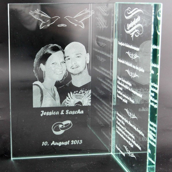 Unique; Not just for weddings - your menu or menu engraved in glass, including layout, photo and text engraving