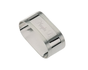 Personalized Napkin Ring - Silver plated stainless steel, decorated rim engraved with your name or initials.