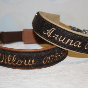 May include: Two personalized dog collars. The collars are dark brown with light brown trim and feature embroidered names and phone numbers. One collar says "Willow 0175-5..." and the other says "Aruna 0175-5..."