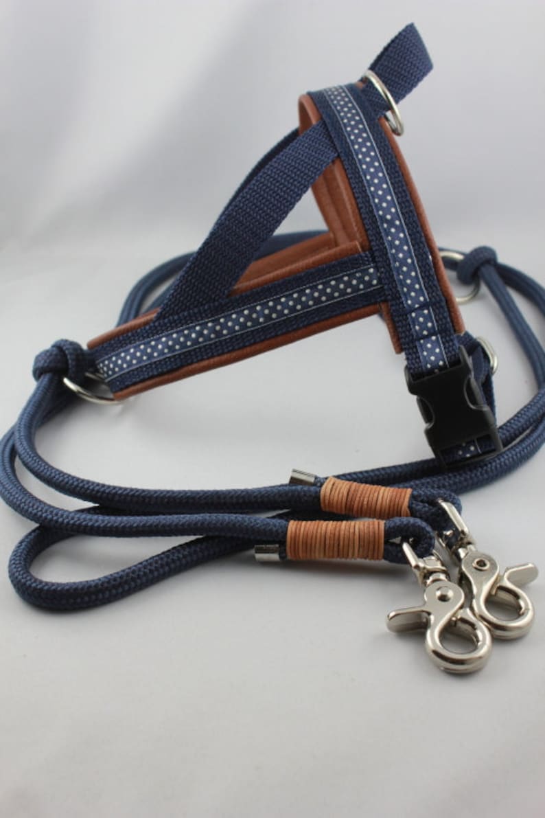 May include: A navy blue dog harness and leash set. The harness features brown leather and a white polka dot pattern on the navy blue straps. The leash is a matching navy blue rope with silver-colored clasps.