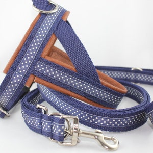 May include: Navy blue dog harness and leash set. The harness features a brown interior and is accented with white polka dots on navy blue fabric. The matching leash has a silver metal clasp. A stylish and functional pet accessory.