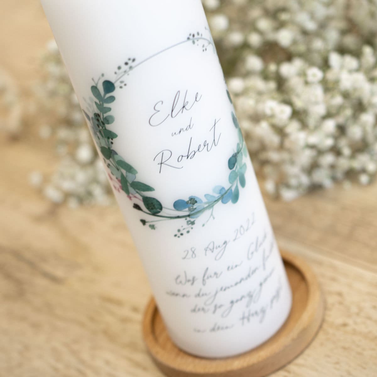 Bougie De Mariage Décorative Avec Motif Eucalyptus - Cadeau Ou Décoration De Table - Ø8cm X 7,5cm De Haut, Brûle Environ 30h - 6