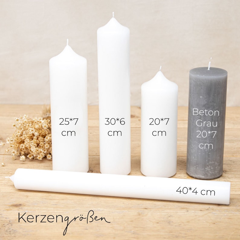 May include: Five white pillar candles of different sizes, with measurements in inches, and one gray pillar candle. The candles are arranged on a wooden surface. The text "Kerzengr&ouml;&szlig;en" is visible at the bottom of the image. The largest candle is 40 inches long and 4 inches wide.