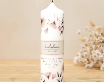 Baptismal candle with flowers - Tilda - my baptism - flower wreath with wildflowers for girls and boys with the name of the child being baptized, date of baptism and baptismal verse