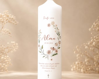 Candela battesimale per bambine, Floral Alma - con una delicata corona floreale in rosa antico - in vari colori per bambine e bambini