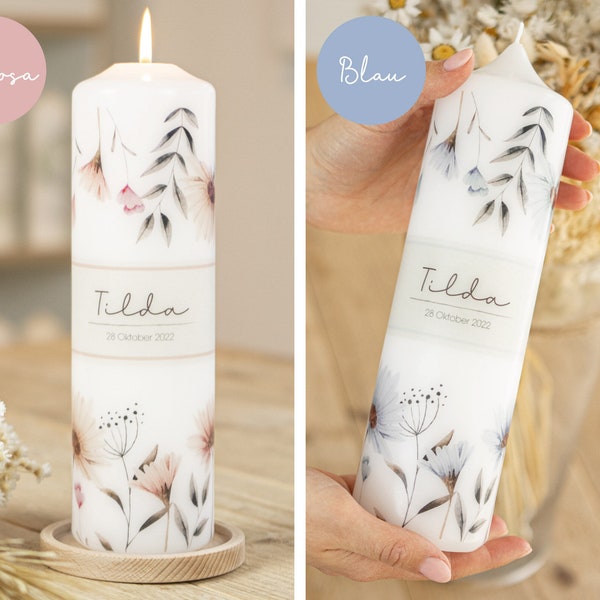 Baptismal candle flowers - Tilda - my baptism | Flower wreath with wildflowers for girls and boys | Name of the person being baptized, date of baptism and baptismal motto