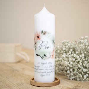 Flores de vela de bautismo - Pia - mi bautismo | Corona de flores con flores silvestres para niñas y niños | Nombre de la persona que se bautiza, fecha del bautismo y lema bautismal.