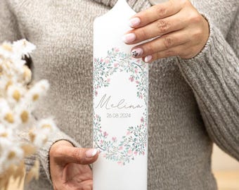 Melina christening candle with flower wreath in 3 beautiful colors for your girl or boy