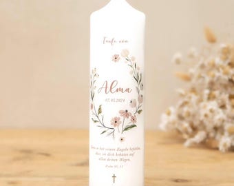 Świeca chrzcielna dla dziewczynek Floral Alma - z delikatnym wiankiem kwiatowym w kolorze antycznej róży - w różnych kolorach dla dziewczynek i chłopców